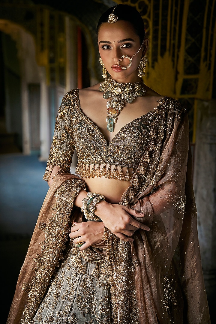 Copper Jade Green Tissue Silk Beads Embroidered Bridal Lehenga Set by Seema Gujral at Pernia's Pop Up Shop
