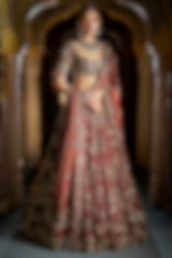 Bronze Gold Tissue Silk Heavy Embroidered Bridal Lehenga Set by Seema Gujral at Pernia's Pop Up Shop