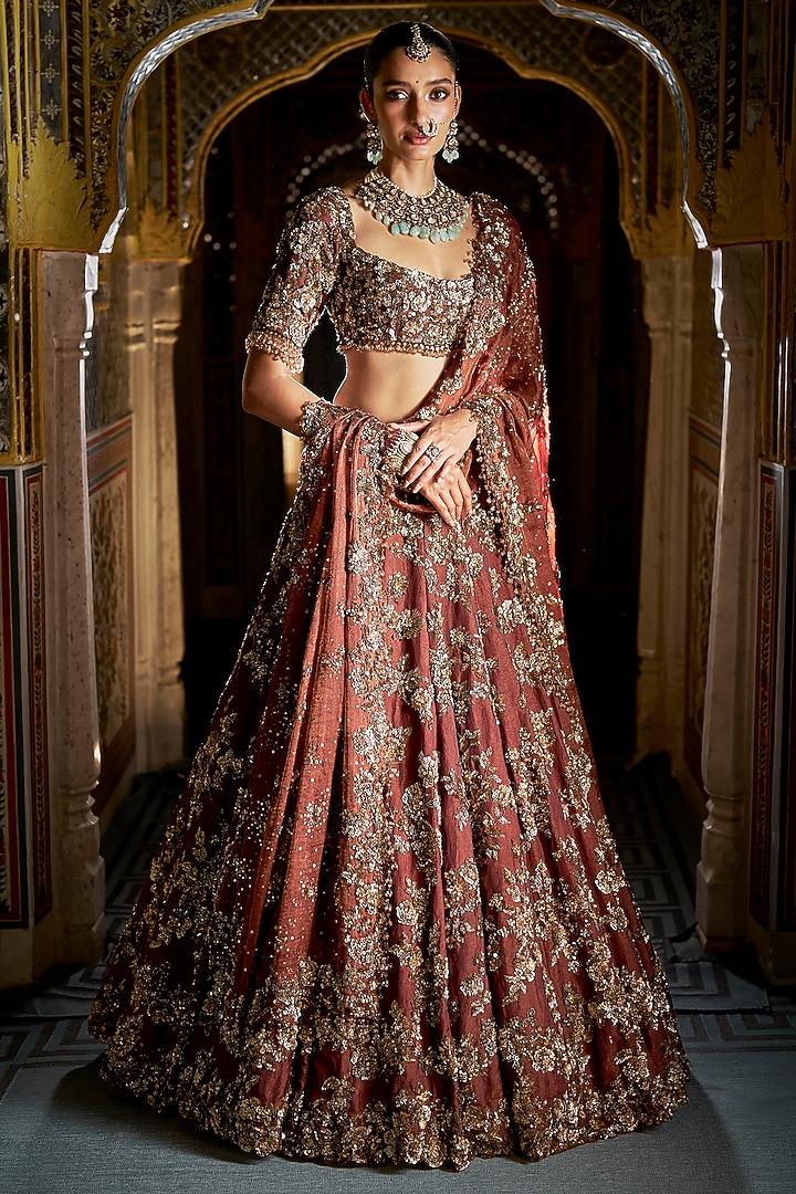 Bronze Gold Tissue Silk Heavy Embroidered Bridal Lehenga Set by Seema Gujral at Pernia's Pop Up Shop