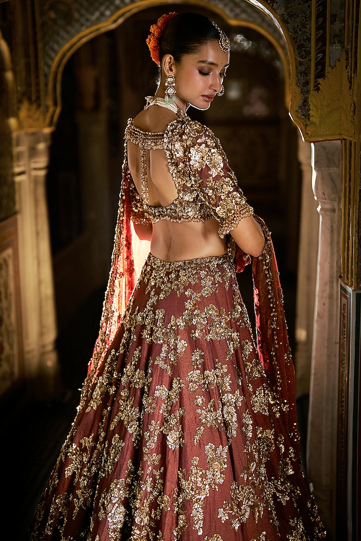 Bronze Gold Tissue Silk Heavy Embroidered Bridal Lehenga Set by Seema Gujral at Pernia's Pop Up Shop