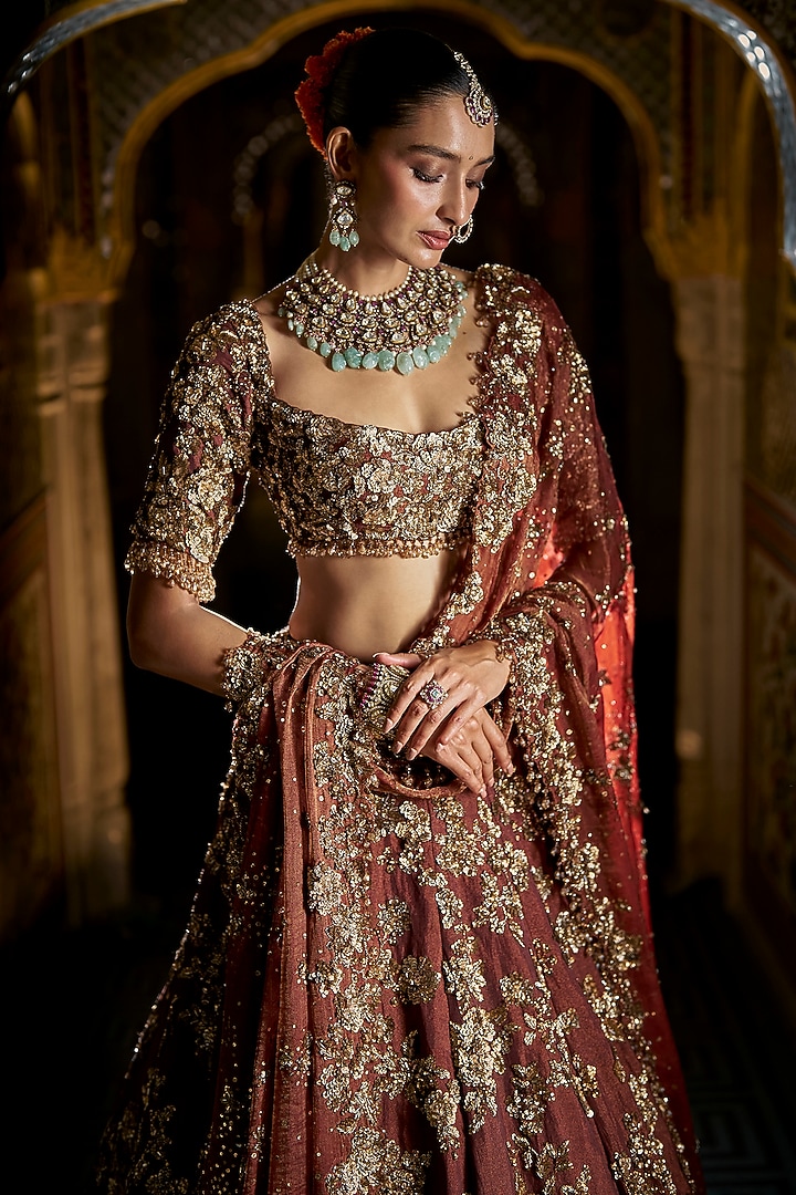 Bronze Gold Tissue Silk Heavy Embroidered Bridal Lehenga Set by Seema Gujral at Pernia's Pop Up Shop