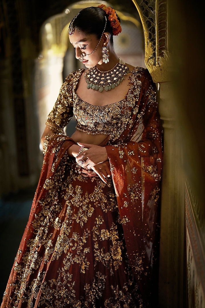 Bronze Gold Tissue Silk Heavy Embroidered Bridal Lehenga Set by Seema Gujral at Pernia's Pop Up Shop