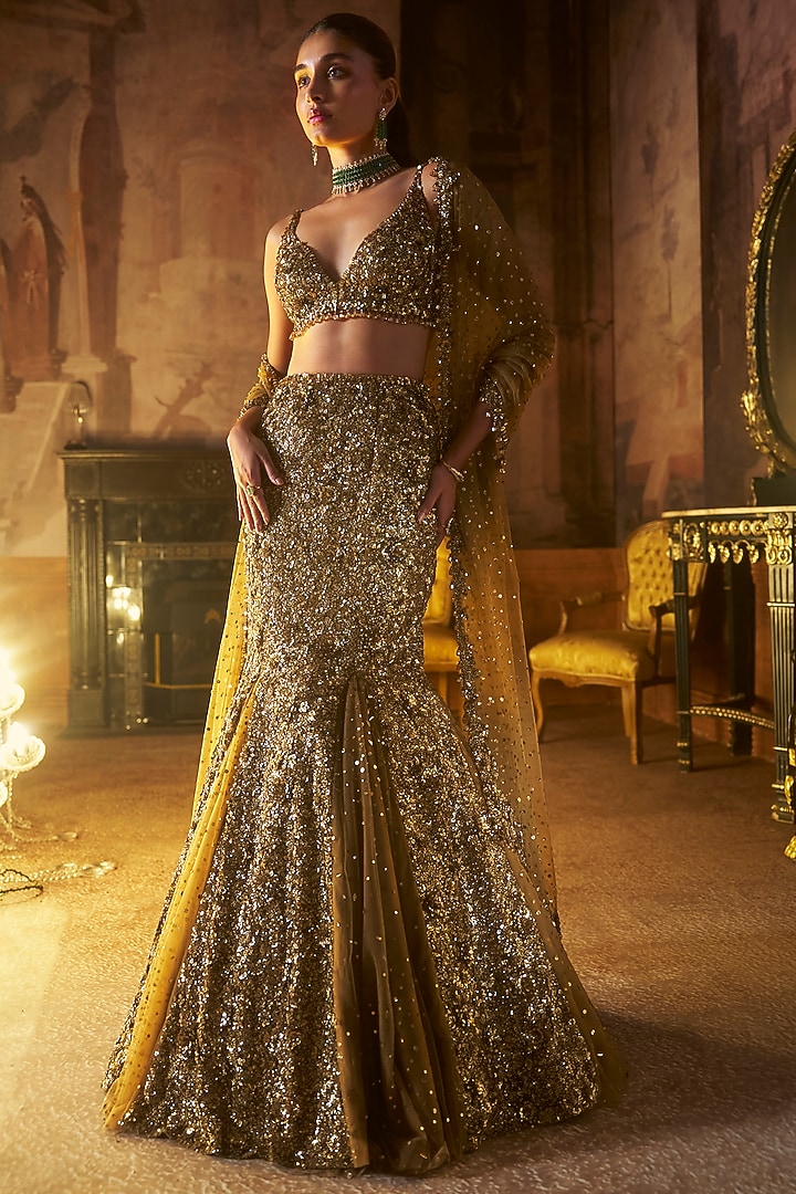 Antique Gold Net Sequins Embroidered Bridal Lehenga Set by Seema Gujral at Pernia's Pop Up Shop
