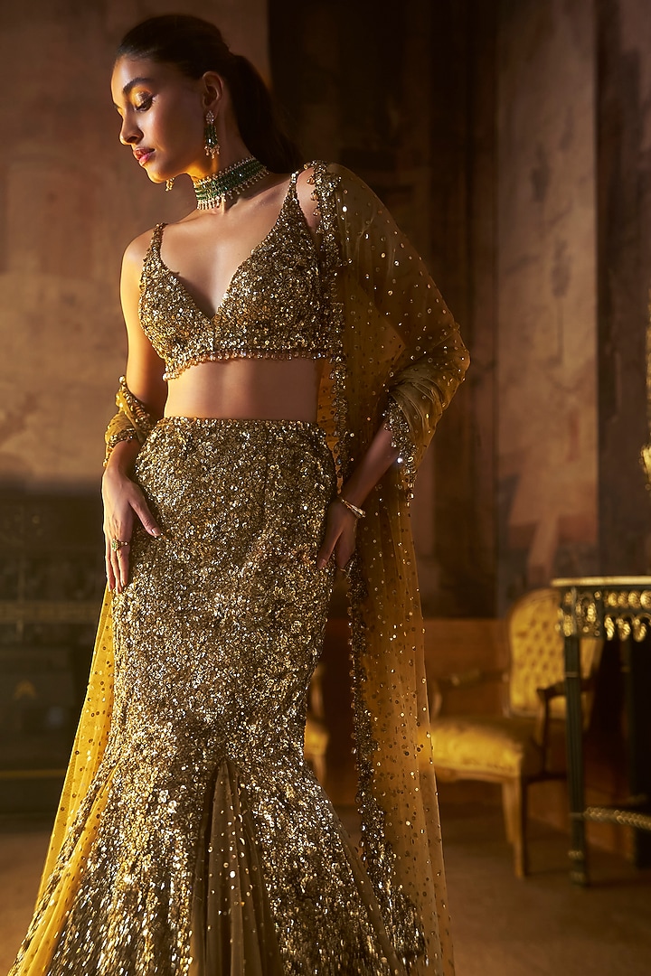 Antique Gold Net Sequins Embroidered Bridal Lehenga Set by Seema Gujral at Pernia's Pop Up Shop