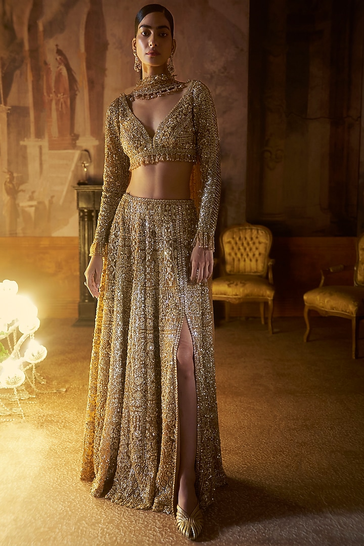Gold Net Sequins Embroidered Bridal Lehenga Set by Seema Gujral at Pernia's Pop Up Shop