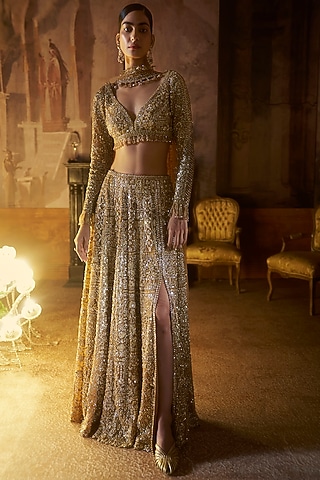 Gold Net Sequins Embroidered Bridal Lehenga Set by Seema Gujral at ...