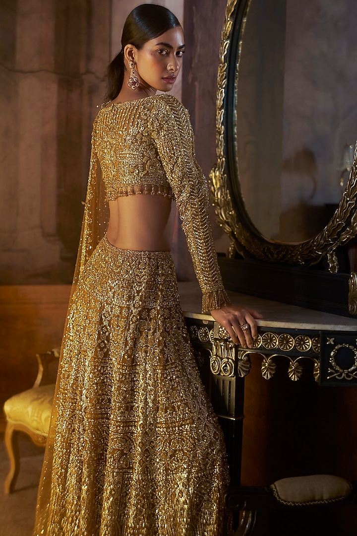 Gold Net Sequins Embroidered Bridal Lehenga Set by Seema Gujral at Pernia's Pop Up Shop