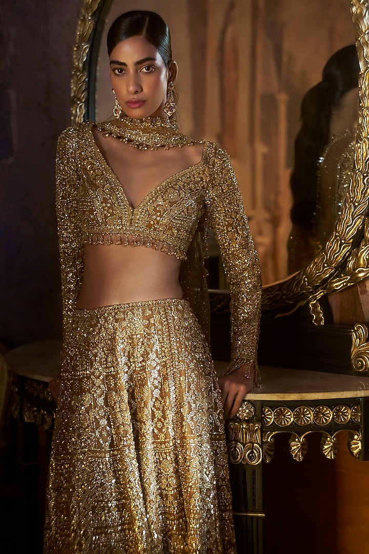 Gold Net Sequins Embroidered Bridal Lehenga Set by Seema Gujral at Pernia's Pop Up Shop