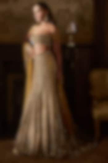 Antique Gold Net Sequins Embroidered Bridal Lehenga Set by Seema Gujral at Pernia's Pop Up Shop