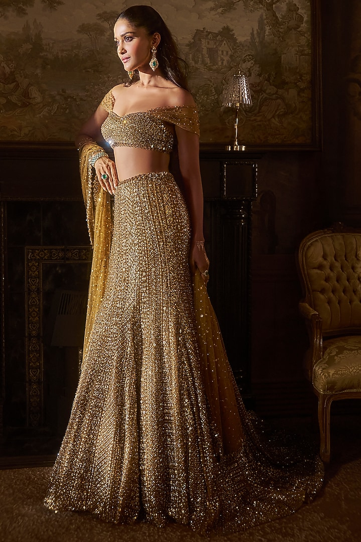 Antique Gold Net Sequins Embroidered Bridal Lehenga Set by Seema Gujral at Pernia's Pop Up Shop