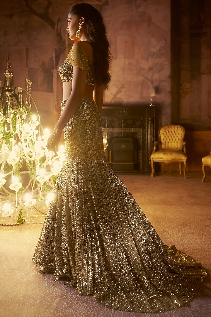 Antique Gold Net Sequins Embroidered Bridal Lehenga Set by Seema Gujral at Pernia's Pop Up Shop