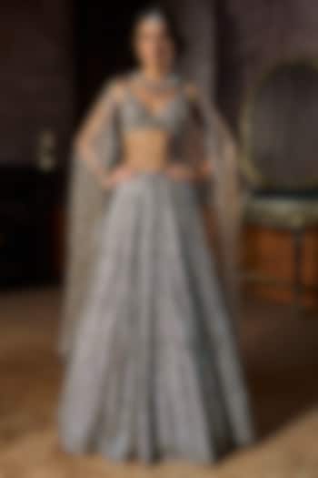 Charcoal Grey Net Crystal Embroidered Bridal Lehenga Set by Seema Gujral at Pernia's Pop Up Shop