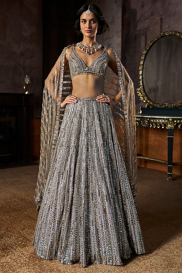 Charcoal Grey Net Crystal Embroidered Bridal Lehenga Set by Seema Gujral at Pernia's Pop Up Shop