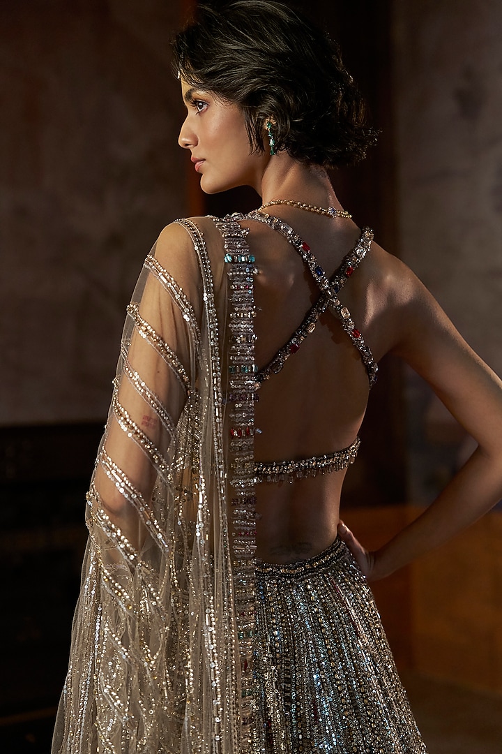 Charcoal Grey Net Crystal Embroidered Bridal Lehenga Set by Seema Gujral at Pernia's Pop Up Shop