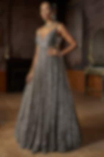 Charcoal Colored Net Crystal Embroidered Bridal Gown by Seema Gujral at Pernia's Pop Up Shop