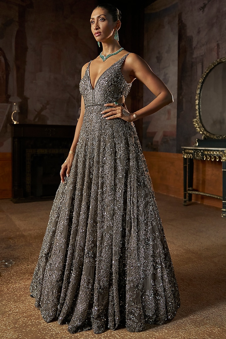 Charcoal Colored Net Crystal Embroidered Bridal Gown by Seema Gujral at Pernia's Pop Up Shop