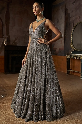 Charcoal Colored Net Crystal Embroidered Gown by Seema Gujral