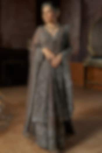 Charcoal Colored Net Thread Embroidered Jacket Bridal Lehenga Set by Seema Gujral at Pernia's Pop Up Shop