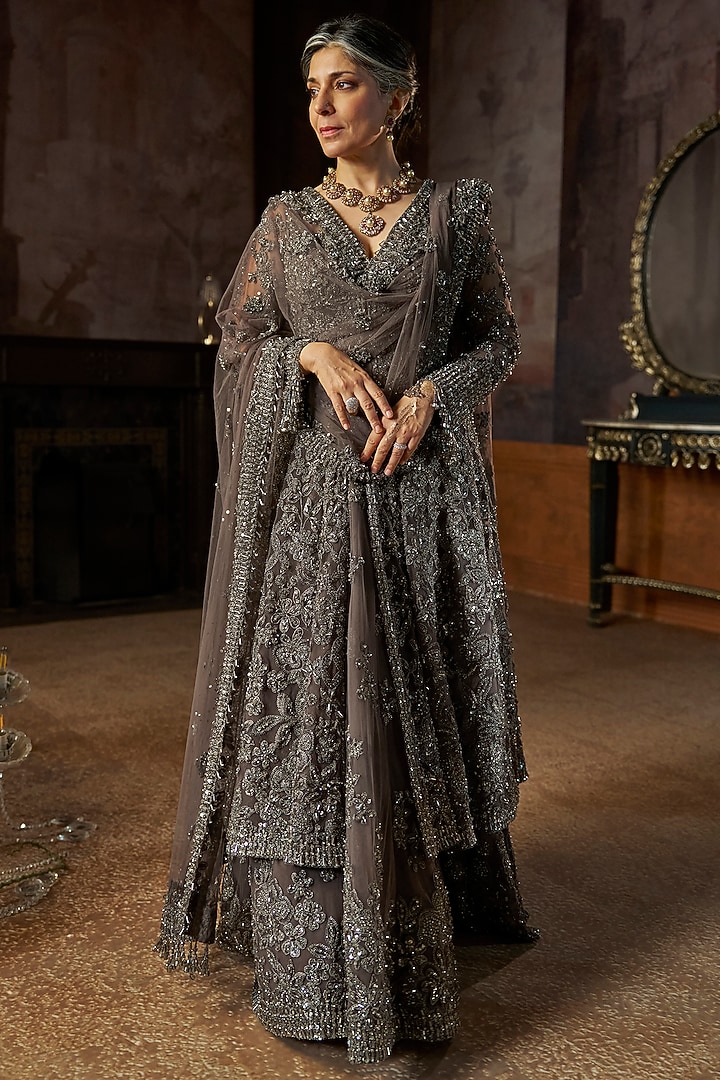 Charcoal Colored Net Thread Embroidered Jacket Bridal Lehenga Set by Seema Gujral at Pernia's Pop Up Shop