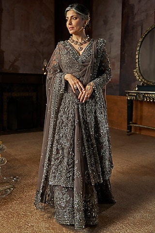 Charcoal Colored Net Thread Embroidered Jacket Lehenga Set by Seema Gujral