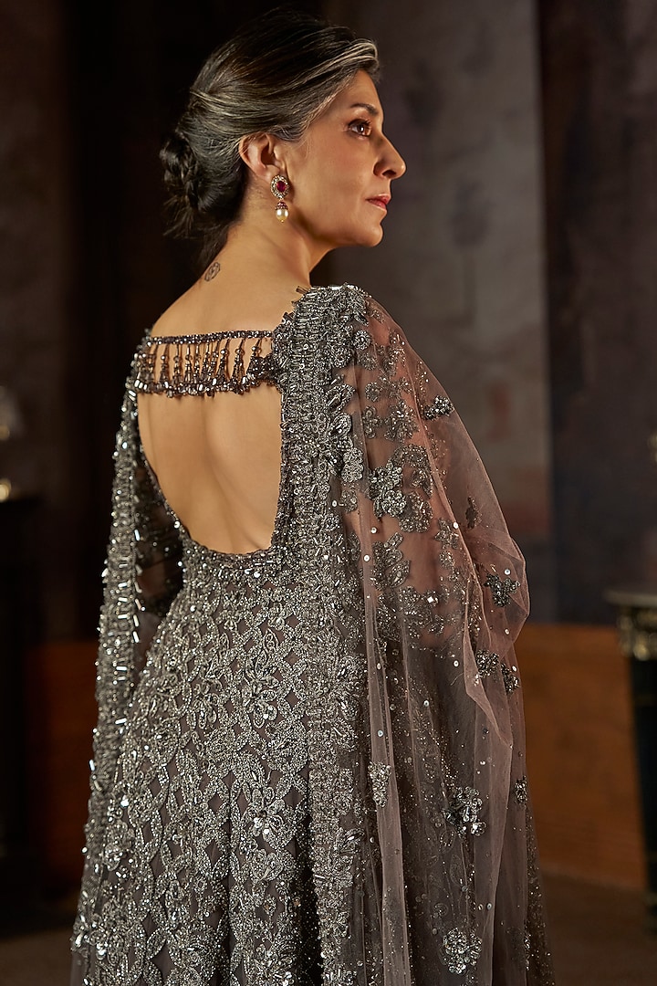 Charcoal Colored Net Thread Embroidered Jacket Bridal Lehenga Set by Seema Gujral at Pernia's Pop Up Shop