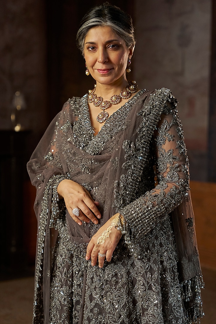 Charcoal Colored Net Thread Embroidered Jacket Bridal Lehenga Set by Seema Gujral at Pernia's Pop Up Shop