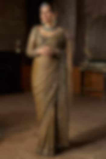 Antique Gold Shimmer Georgette Sequins Embroidered Bridal Saree Set by Seema Gujral at Pernia's Pop Up Shop
