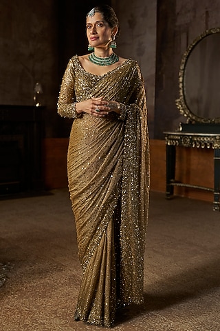 Antique Gold Shimmer Georgette Sequins Embroidered Saree Set by Seema Gujral