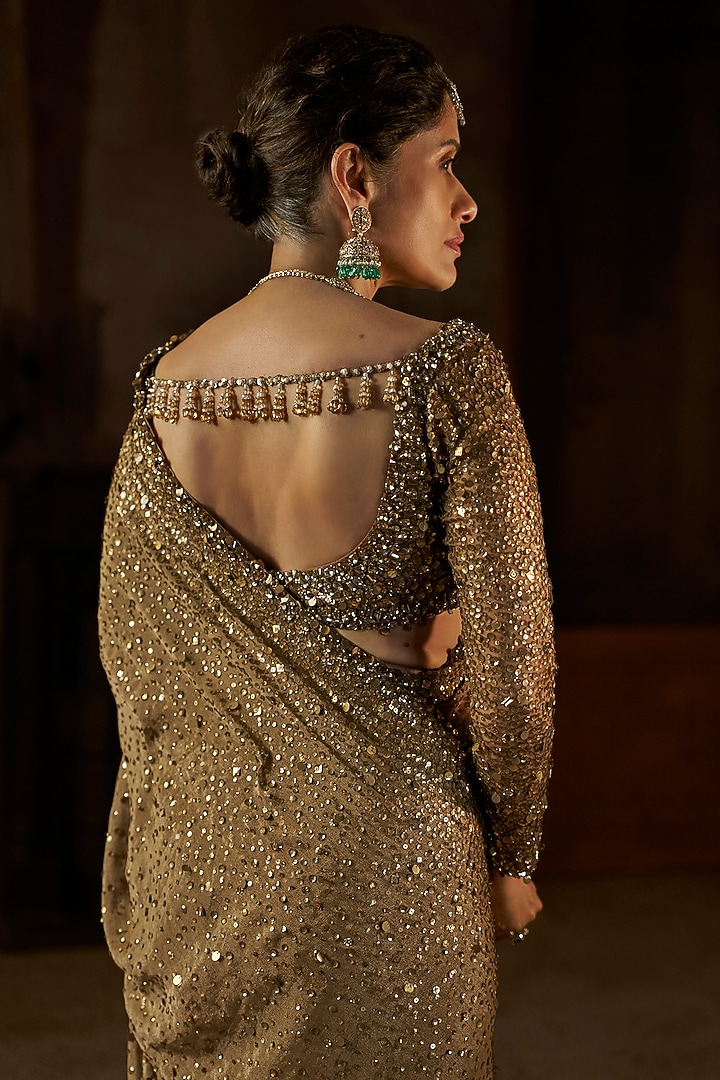 Antique Gold Shimmer Georgette Sequins Embroidered Bridal Saree Set by Seema Gujral at Pernia's Pop Up Shop