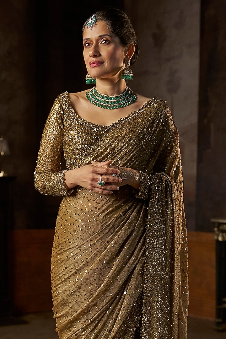 Antique Gold Shimmer Georgette Sequins Embroidered Bridal Saree Set by Seema Gujral at Pernia's Pop Up Shop
