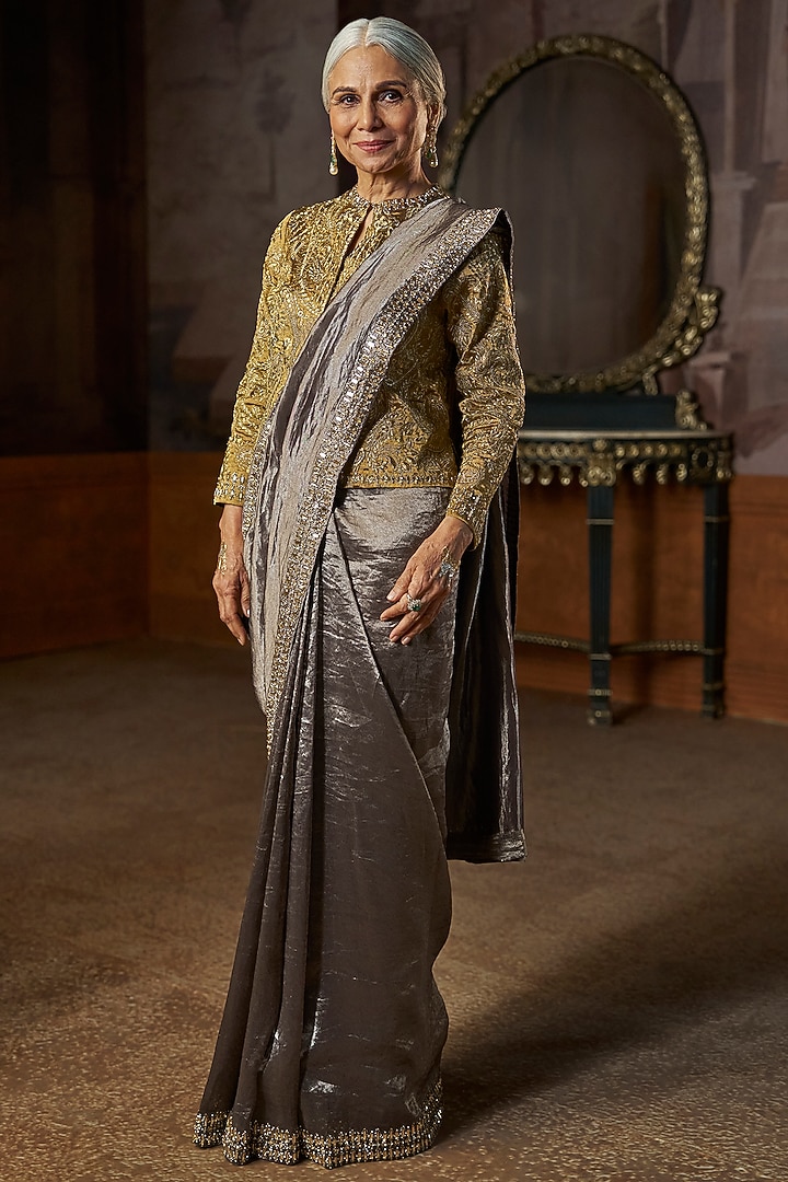 Grey Tissue Organza Reception Saree Set by Seema Gujral at Pernia's Pop Up Shop