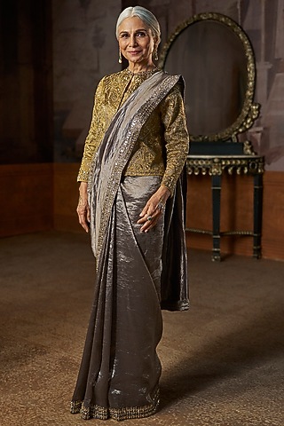 Grey Tissue Organza Saree Set by Seema Gujral