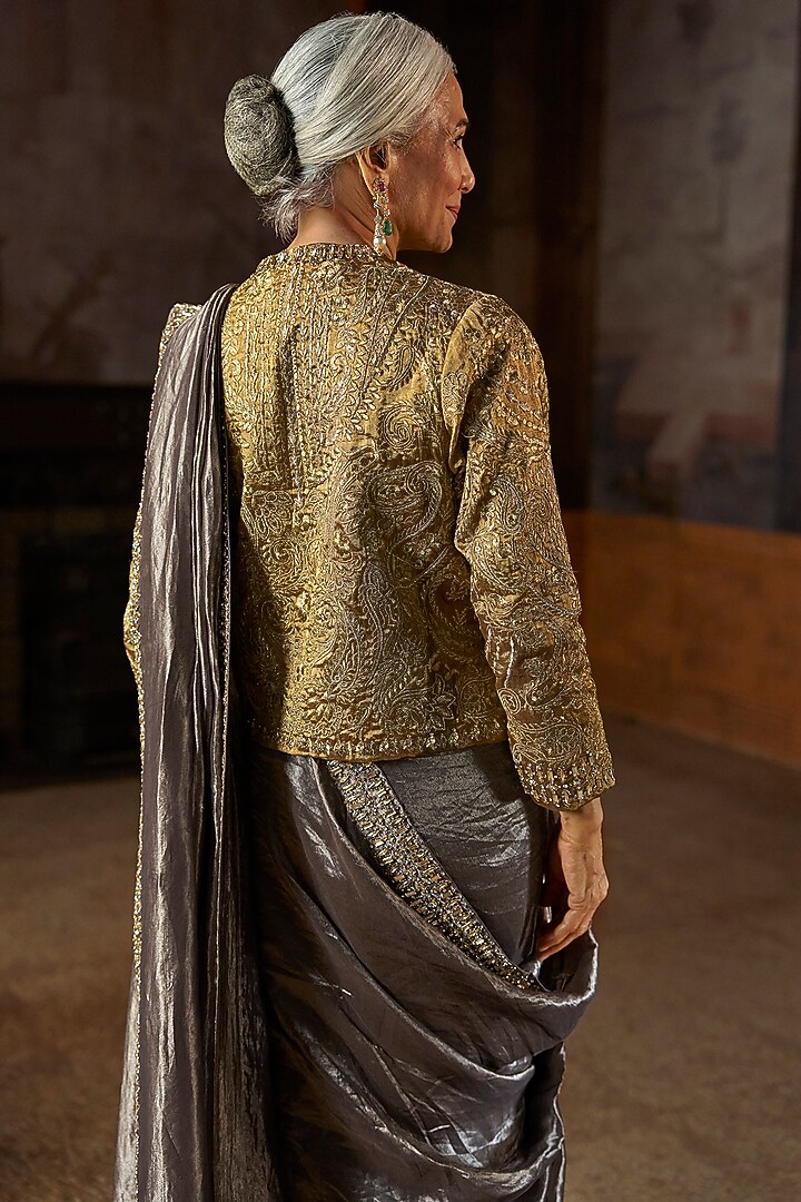 Grey Tissue Organza Reception Saree Set by Seema Gujral at Pernia's Pop Up Shop