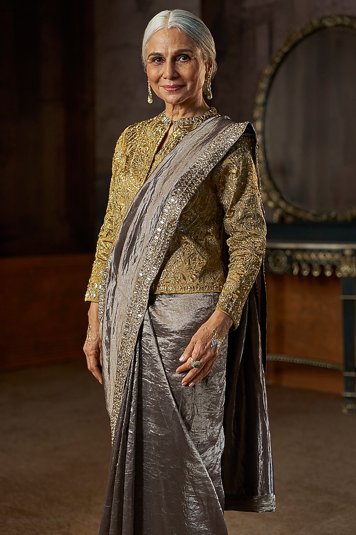 Grey Tissue Organza Reception Saree Set by Seema Gujral at Pernia's Pop Up Shop