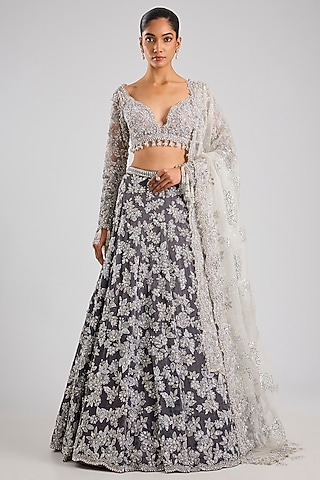 Silver Net Embroidered Lehenga Set by Seema Gujral
