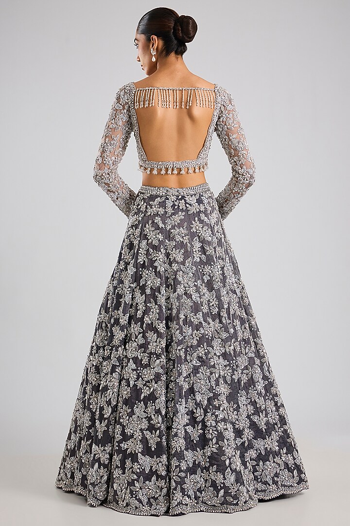 Silver Net Embroidered Bridal Lehenga Set by Seema Gujral at Pernia's Pop Up Shop