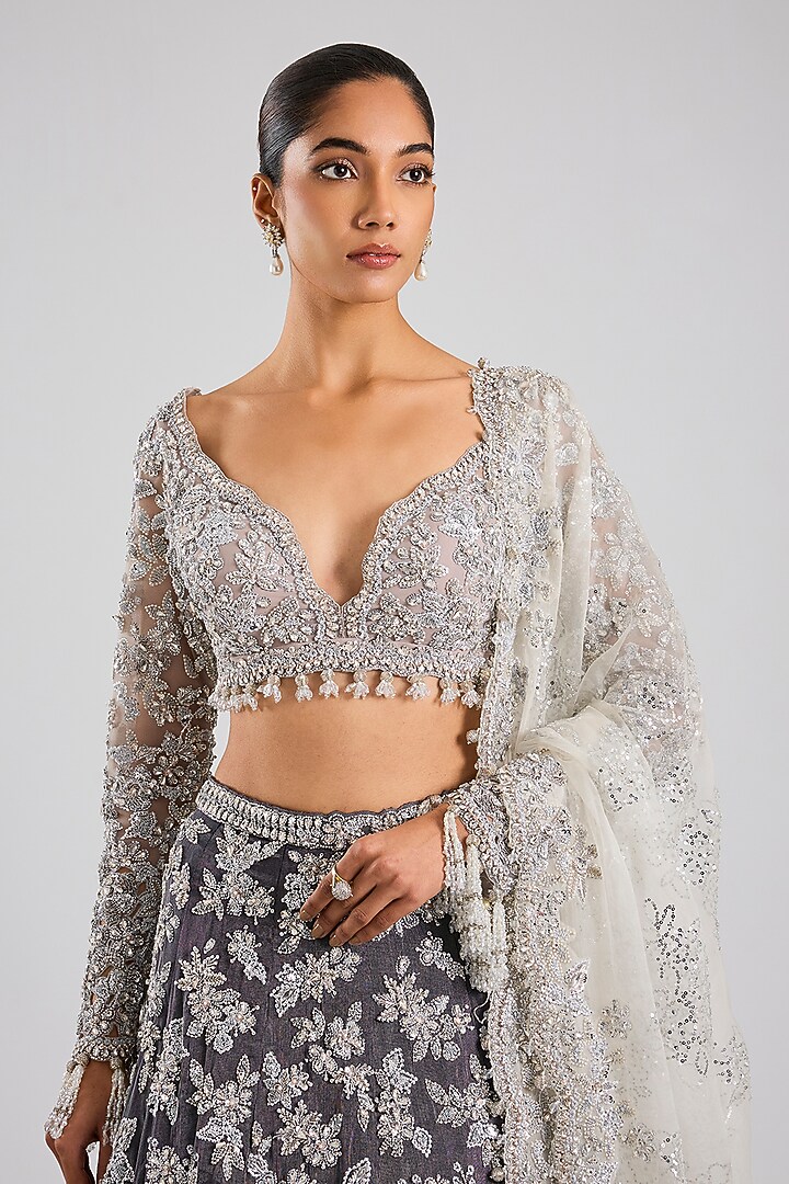Silver Net Embroidered Bridal Lehenga Set by Seema Gujral at Pernia's Pop Up Shop