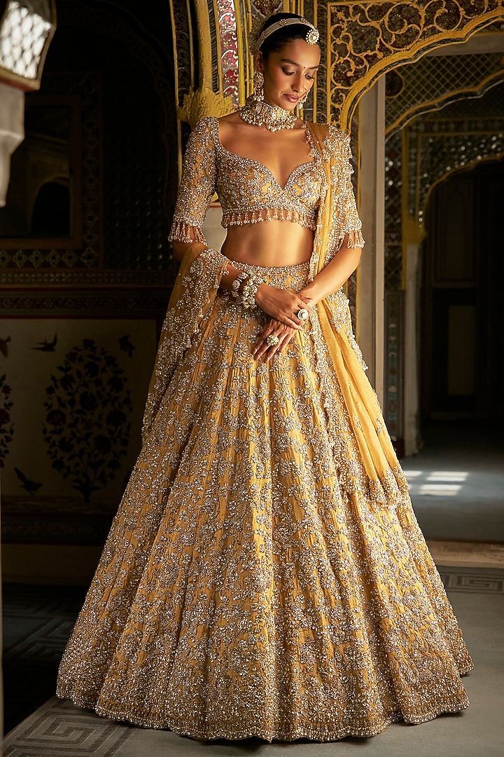 Gold Tissue Silk Crystal Embroidered Bridal lehenga for 22 Lehenga Set by Seema Gujral at Pernia's Pop Up Shop