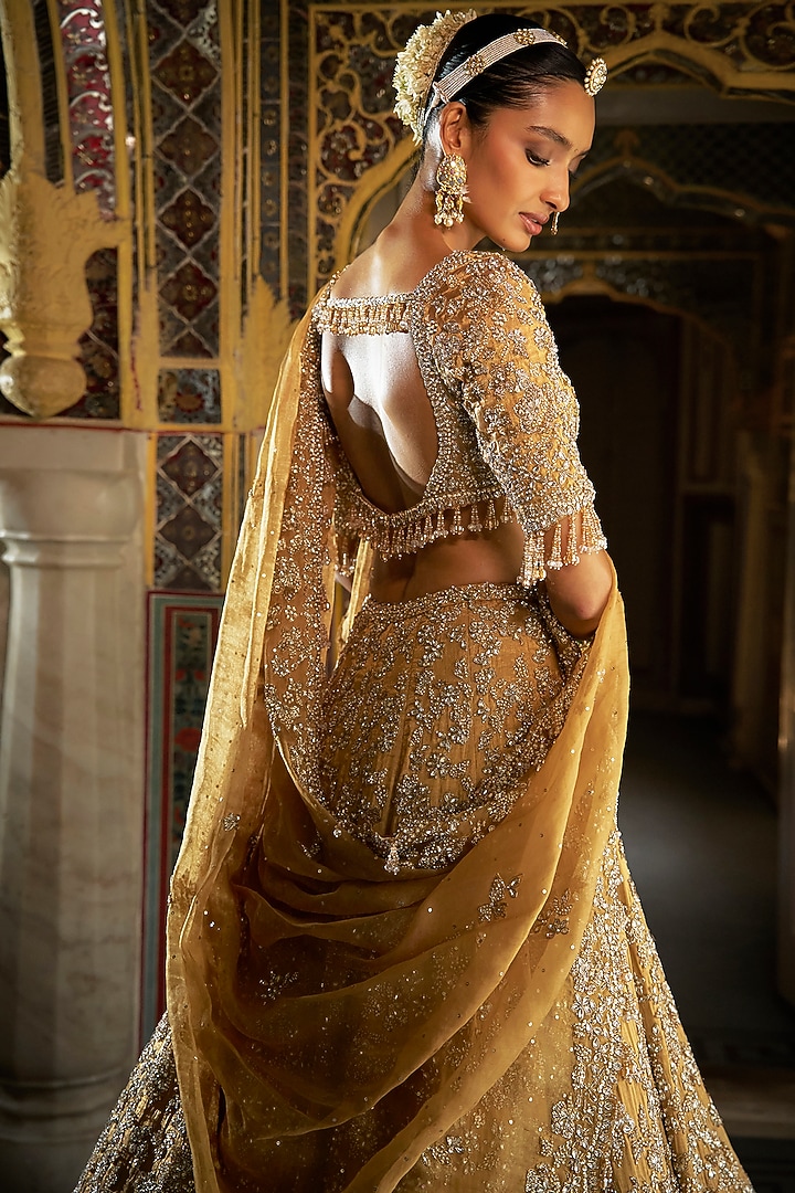 Gold Tissue Silk Crystal Embroidered Bridal Lehenga Set by Seema Gujral at Pernia's Pop Up Shop