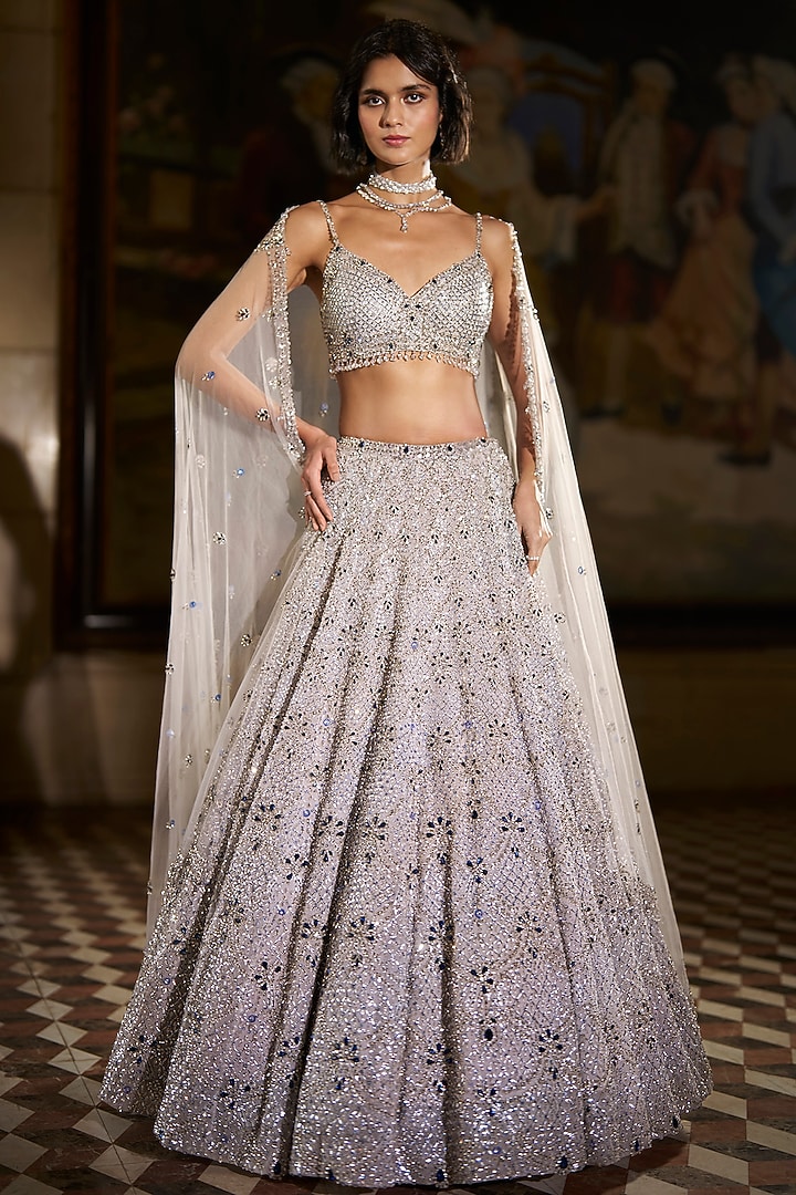 Silver Organza Crystal Embroidered Bridal Lehenga Set by Seema Gujral at Pernia's Pop Up Shop