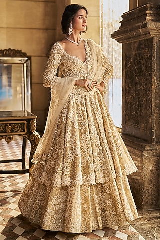 Cream Net Pearl Embroidered Jacket Lehenga Set by Seema Gujral