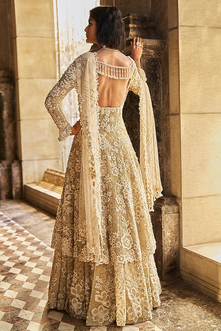 Cream Net Pearl Embroidered Jacket Bridal Lehenga Set by Seema Gujral at Pernia's Pop Up Shop