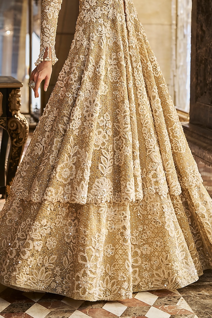 Cream Net Pearl Embroidered Jacket Bridal Lehenga Set by Seema Gujral at Pernia's Pop Up Shop