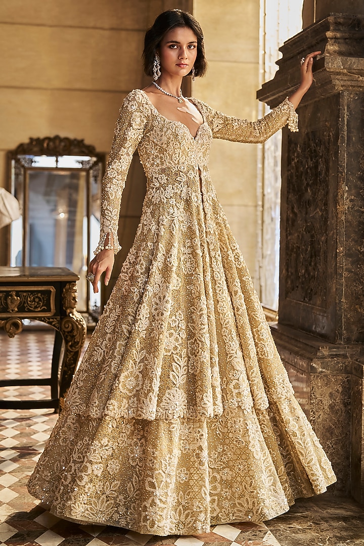 Cream Net Pearl Embroidered Jacket Bridal Lehenga Set by Seema Gujral at Pernia's Pop Up Shop