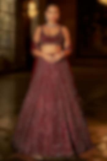 Maroon Net Sequins Embroidered Bridal Lehenga Set by Seema Gujral at Pernia's Pop Up Shop