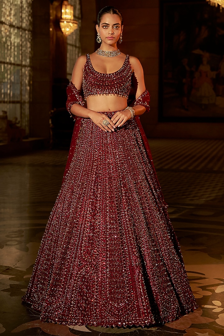 Maroon Net Sequins Embroidered Bridal Lehenga Set by Seema Gujral at Pernia's Pop Up Shop