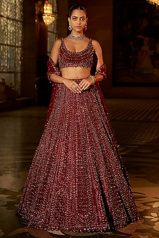 Maroon Net Sequins Embroidered Lehenga Set by Seema Gujral