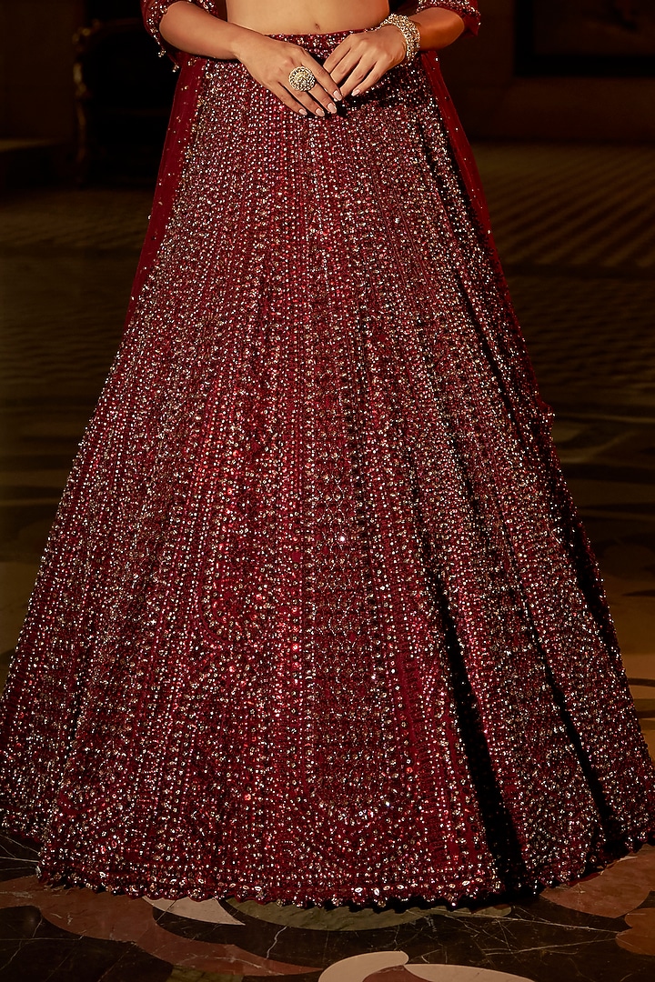 Maroon Net Sequins Embroidered Bridal Lehenga Set by Seema Gujral at Pernia's Pop Up Shop