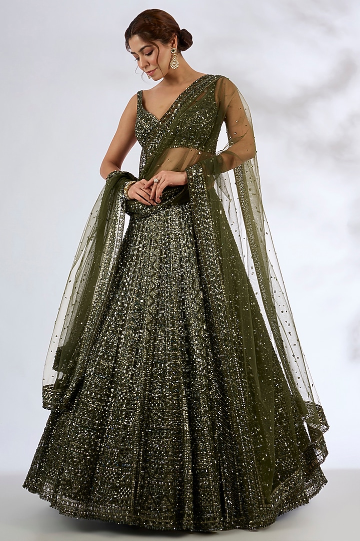 Bottle Green Net Bridal Lehenga Set by Seema Gujral at Pernia's Pop Up Shop