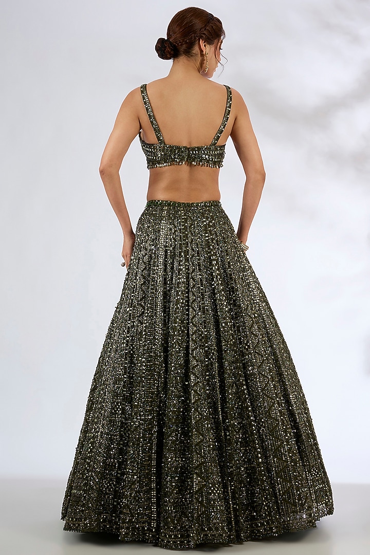 Bottle Green Net Bridal Lehenga Set by Seema Gujral at Pernia's Pop Up Shop